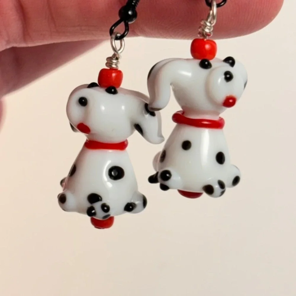 Handmade Dalmatian Dog Earrings White Art Glass Lampwork Whimsygoth Boho Chic